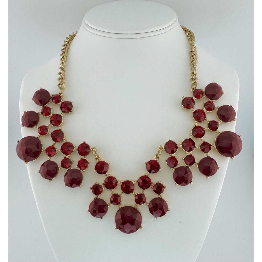 Talbots Red Statement Necklace Gold Tone Bib Faceted Stones NWT